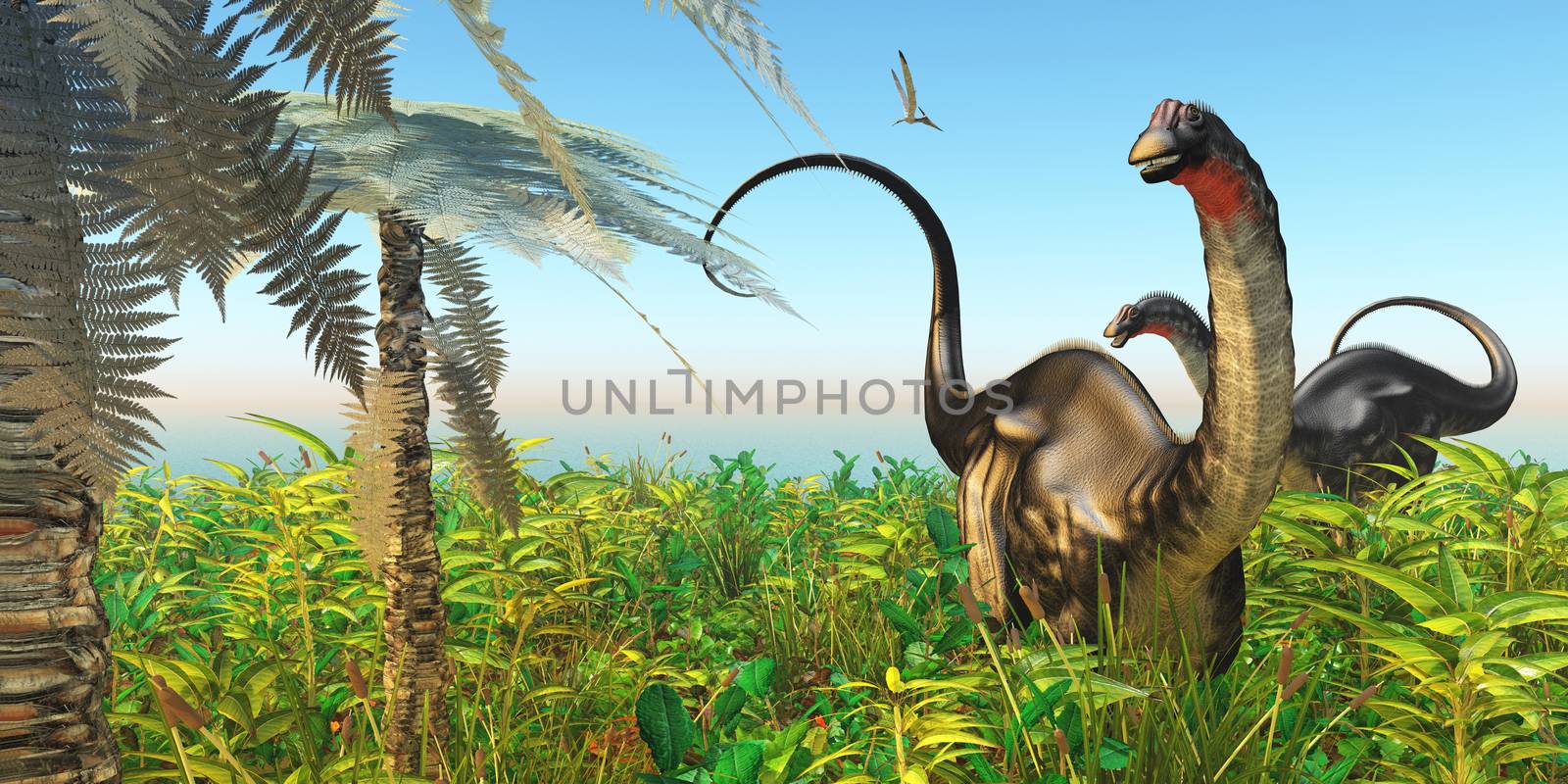 A Pteranodon flies past two Apatosaurus dinosaurs in a lush Cretaceous jungle.