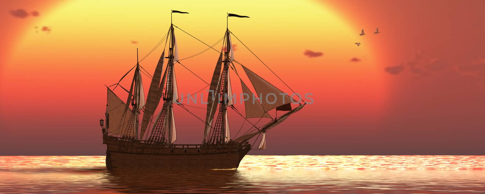 A galleon frigate ship makes it way across ocean waters as the sun sets on another day.