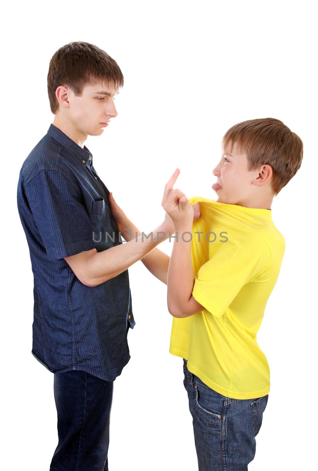 Teenager threaten a Naughty Kid on the White Background