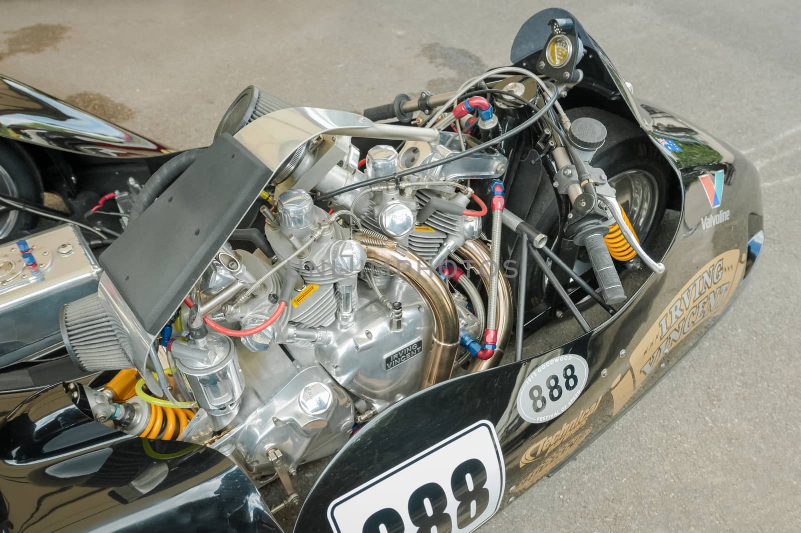 GOODWOOD, UK - JULY 1, 2012: Closeup detail of an Irving Vincent sidecar outfit in the service pits at the Festival of Speed motor-sport event held at Goodwood, UK on July 1, 2012