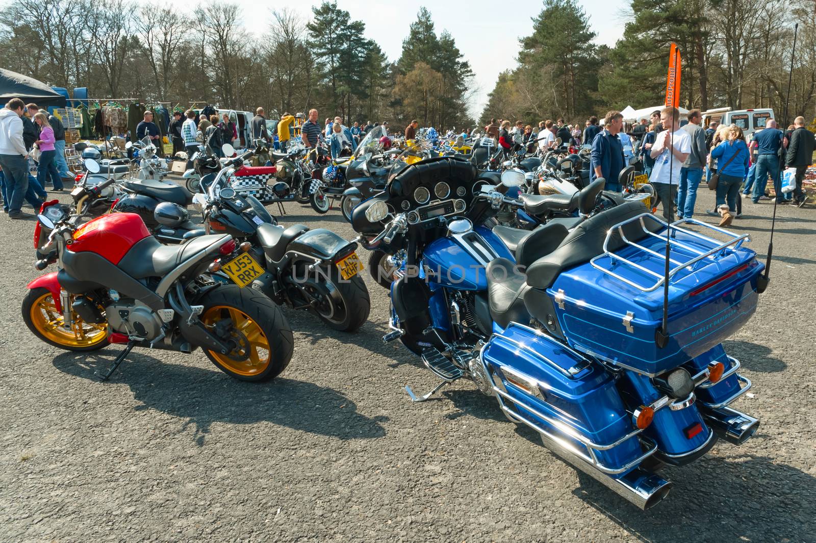 FARNBOROUGH, UK - APRIL 6, 2012: A large number of classic and modern motorcycles on display at the Wheels Day auto and bike festival on April 6, 2012 in Farnborough, UK