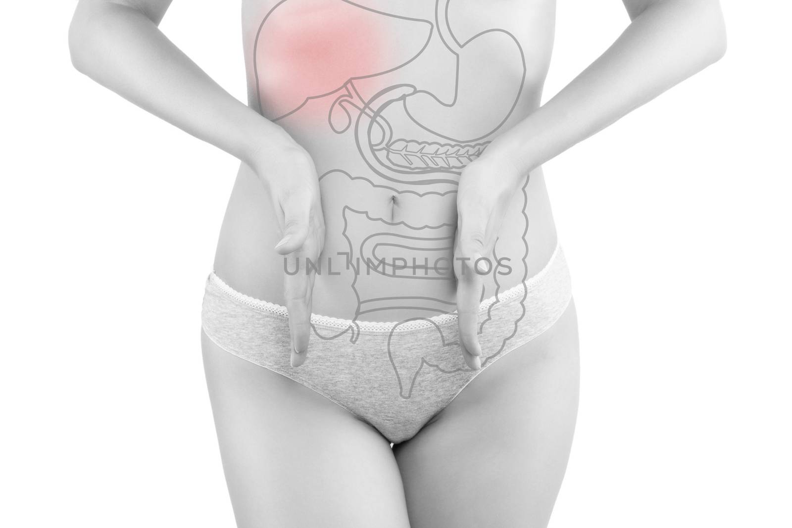 Stomach pain. Beautiful woman photography isolated on white background with inner organs illustration on her body. Digestive problems.