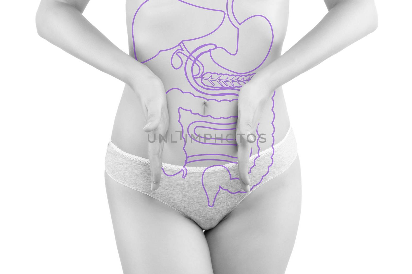Beautiful woman photography isolated on white background with inner organs illustration on her body. Digestive problems.