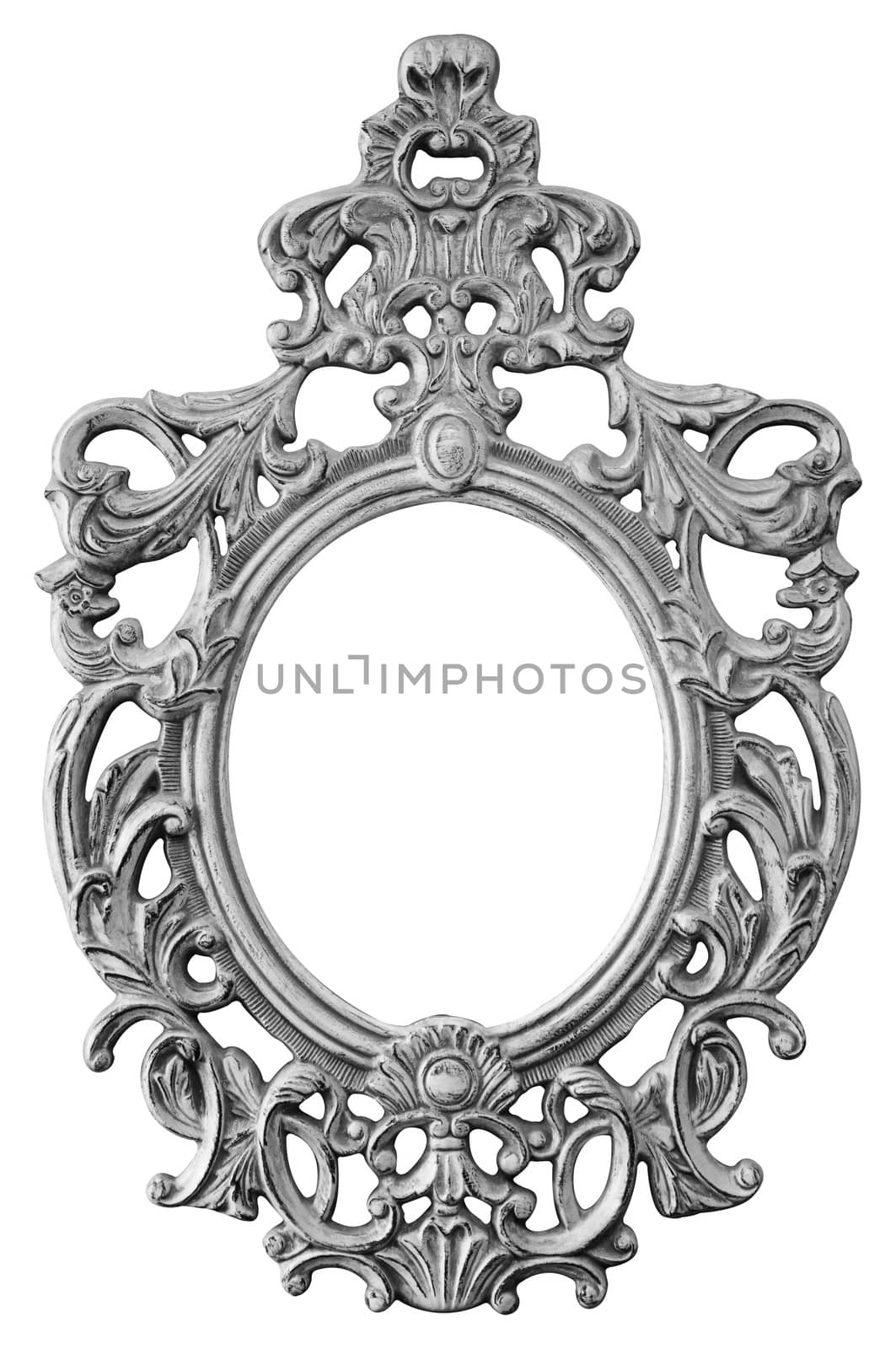 Silver ornate oval frame isolated on white background
