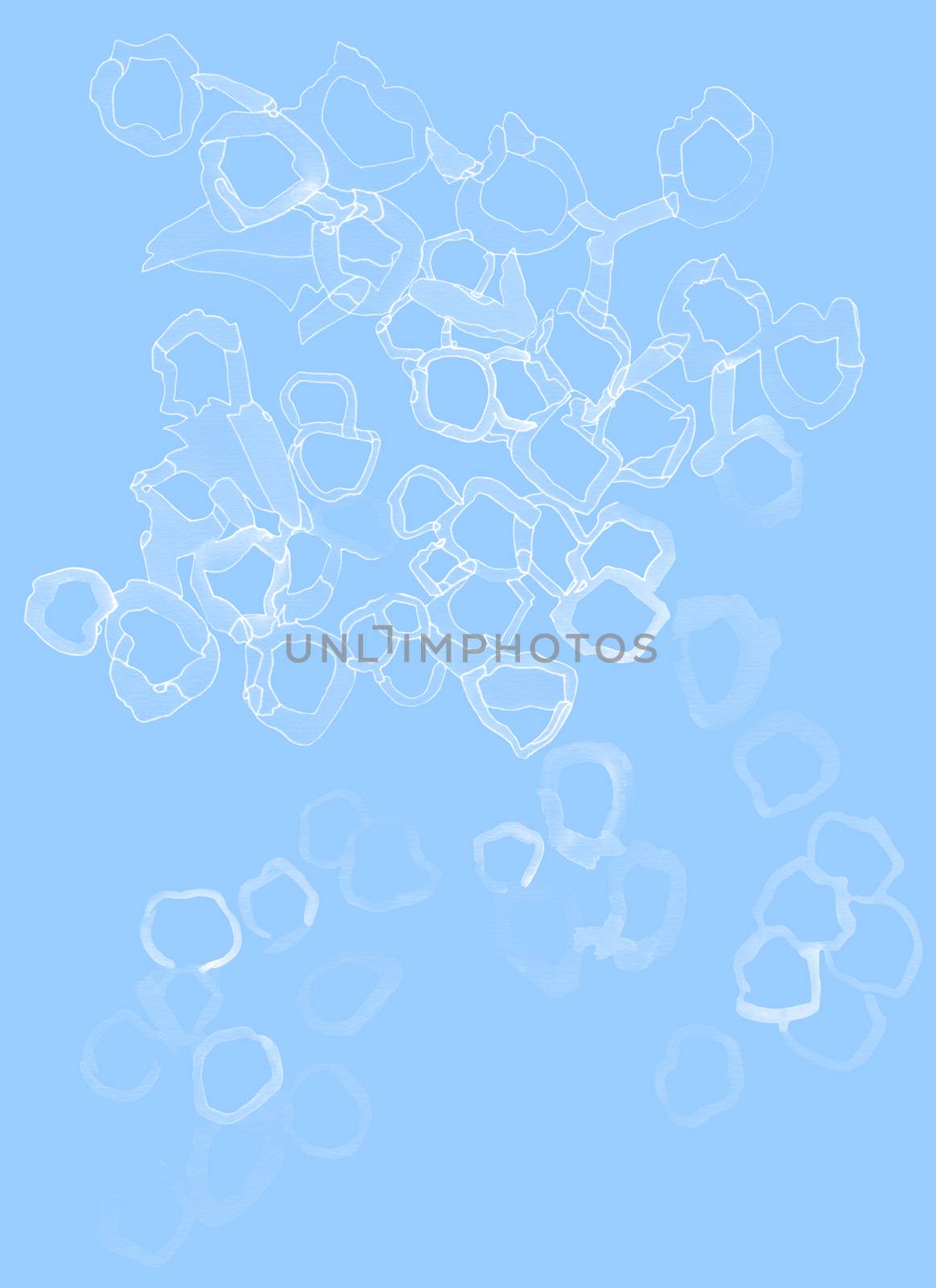 Abstract painted background texture with white circles and watercolor paper texture on blue