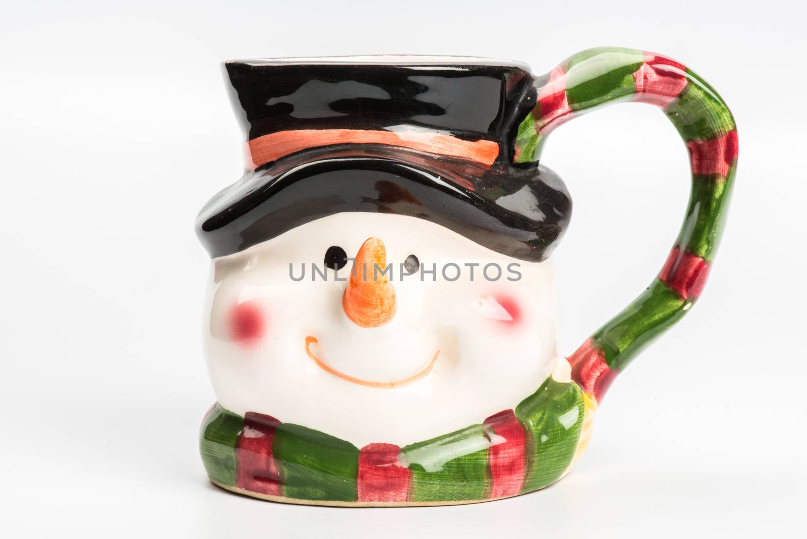 Christmas tea mug with snowman on white background