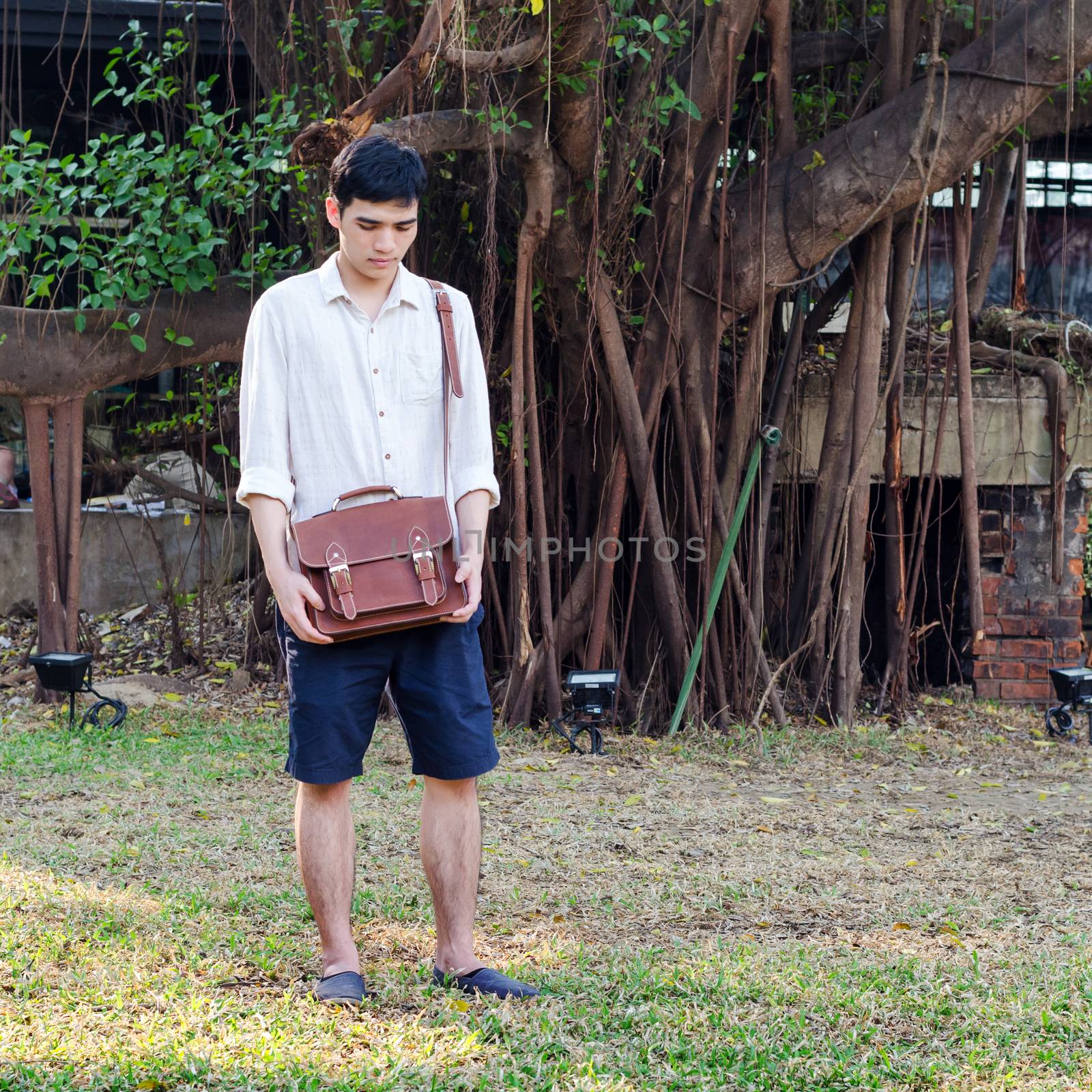 Fashionable young man with leather bag, Banyan tree background