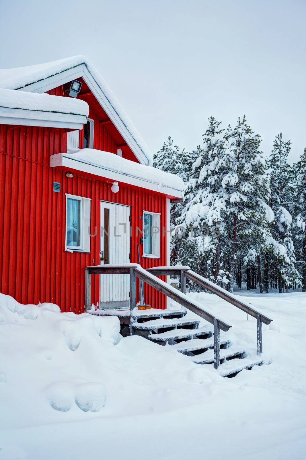 Red wooden Finnish house in winter forest covered with snow. Vertical view