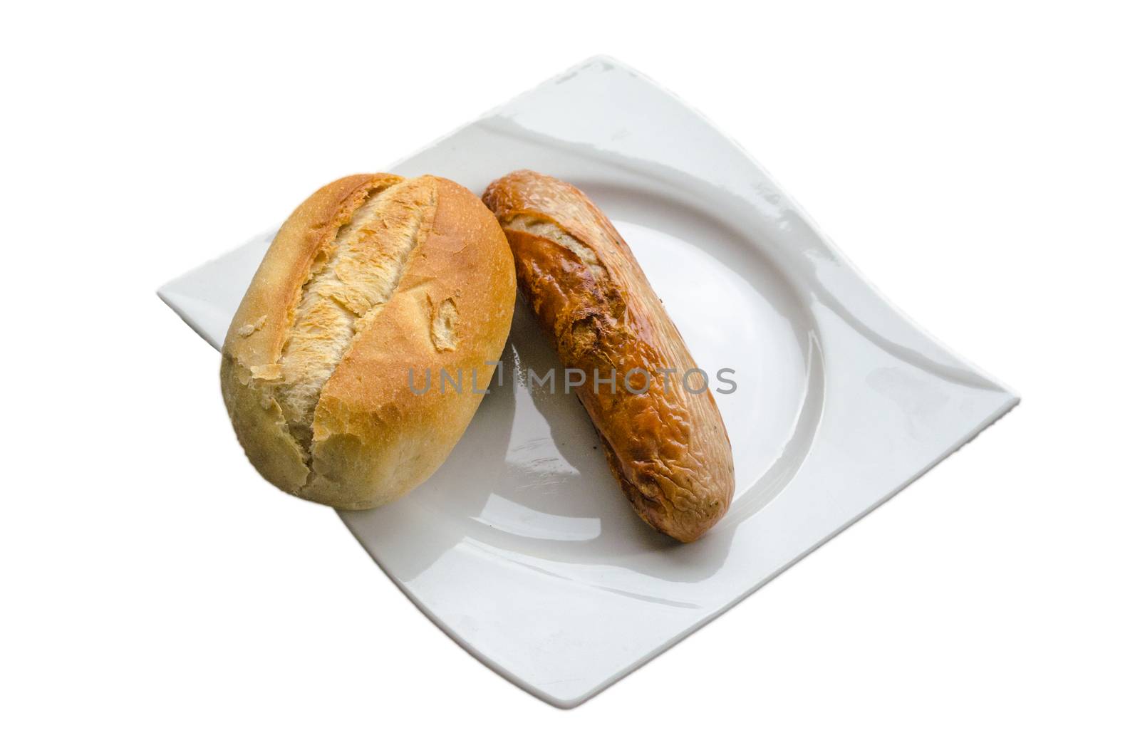 Bratwurste, BBQ sausage, sausage isolated on light plate with rolls on a light background