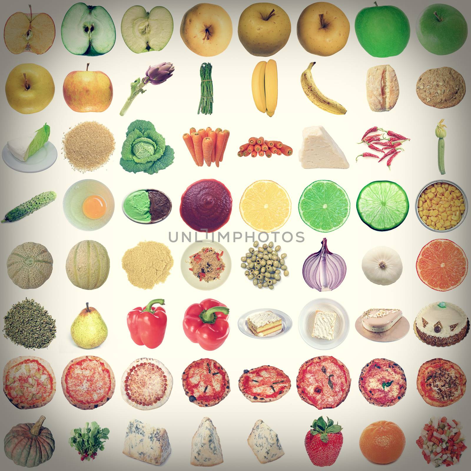 Vintage looking Food collage set of many vegetarian items isolated over white including fruits vegetables and pizza