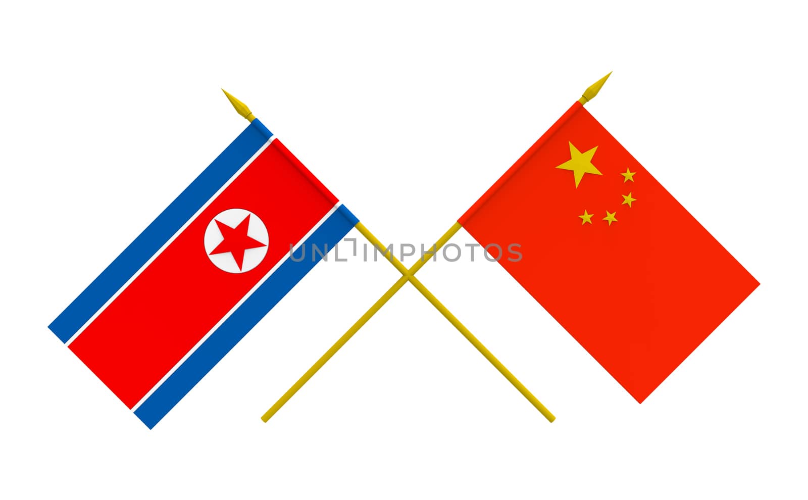 Flags of North Korea and China, 3d render, isolated