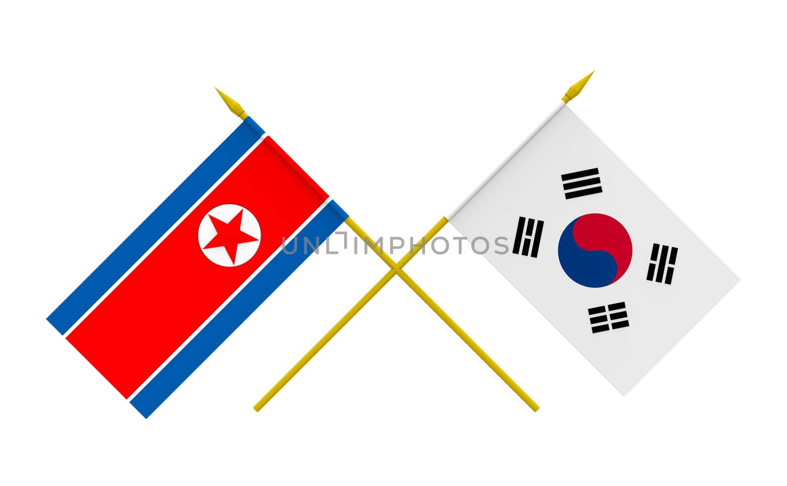 Flags of North Korea and South Korea, 3d render, isolated