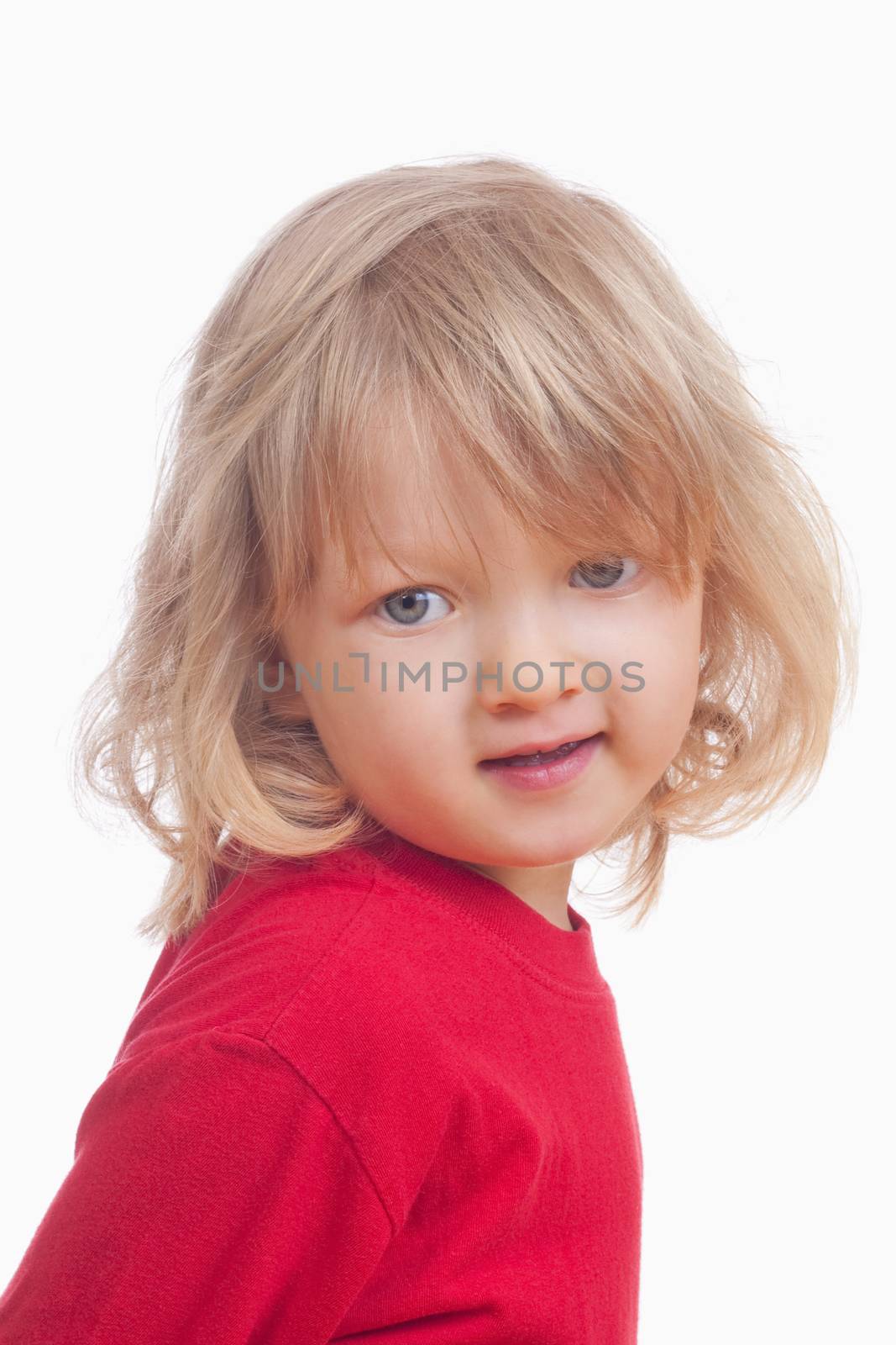 portrait of a boy in red with long blond hair - isolated on white