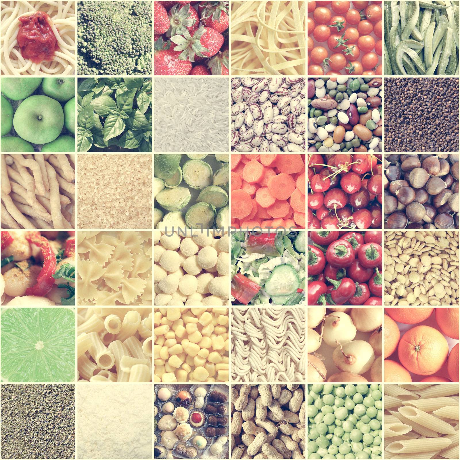 Vintage looking Food collage including pictures of vegetables, fruit, pasta and more