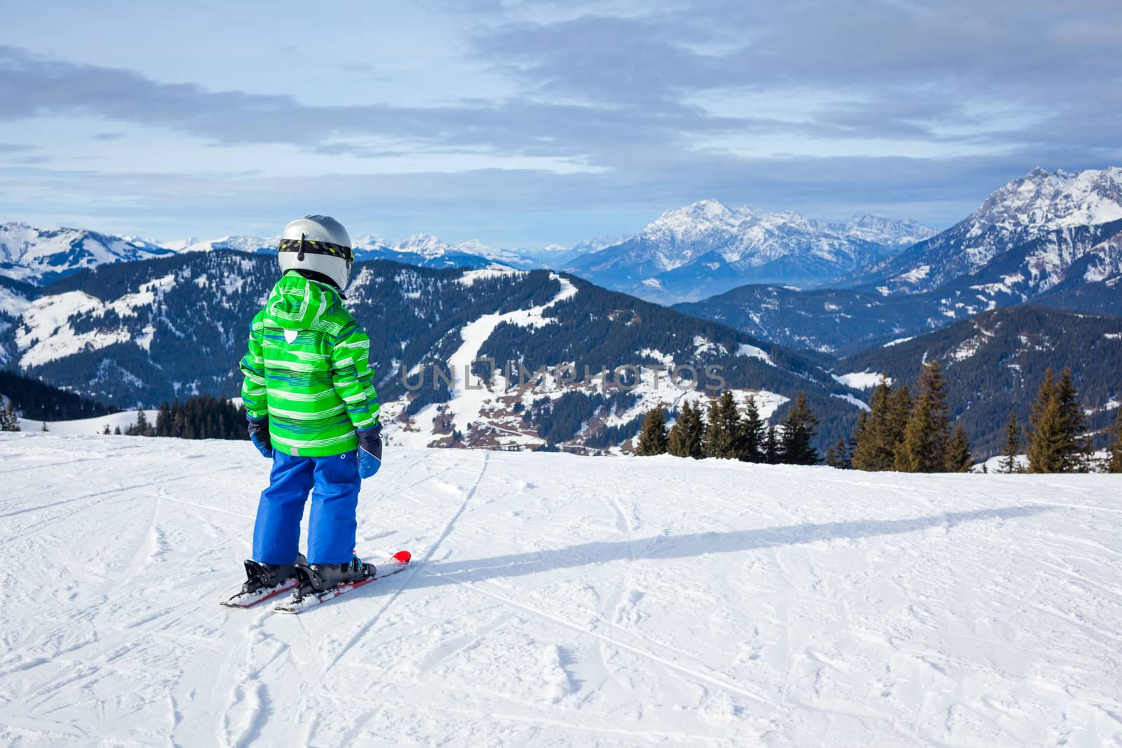 Ski, skier, winter - back view of lovely small boy has a fun on ski