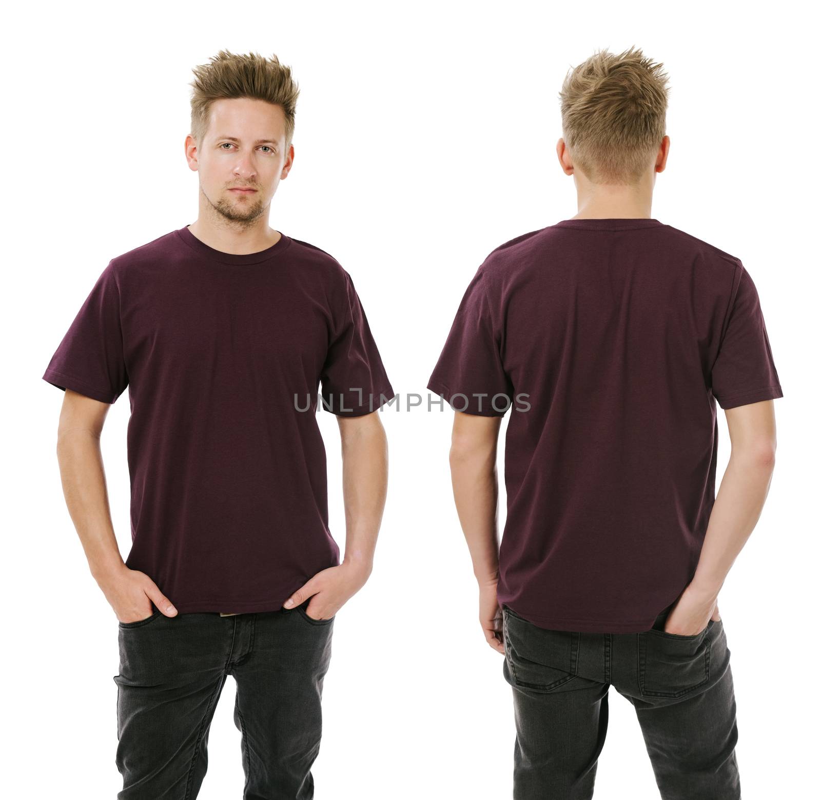 Man posing with blank dark purple shirt by sumners