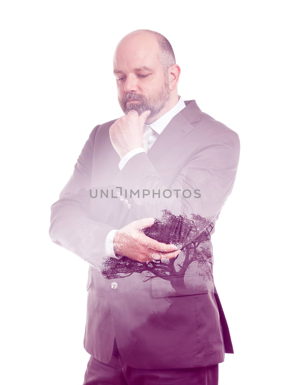 An image of a business man double exposure purple tree