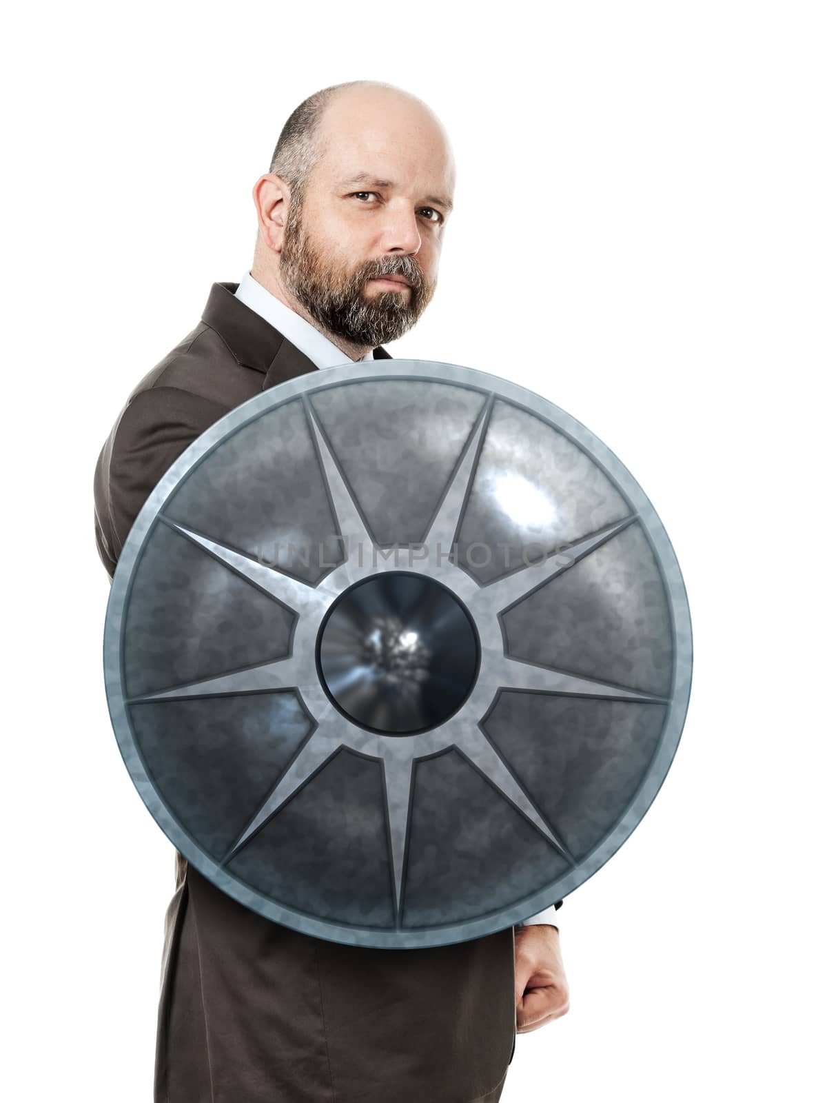 An image of a handsome business man with a shield