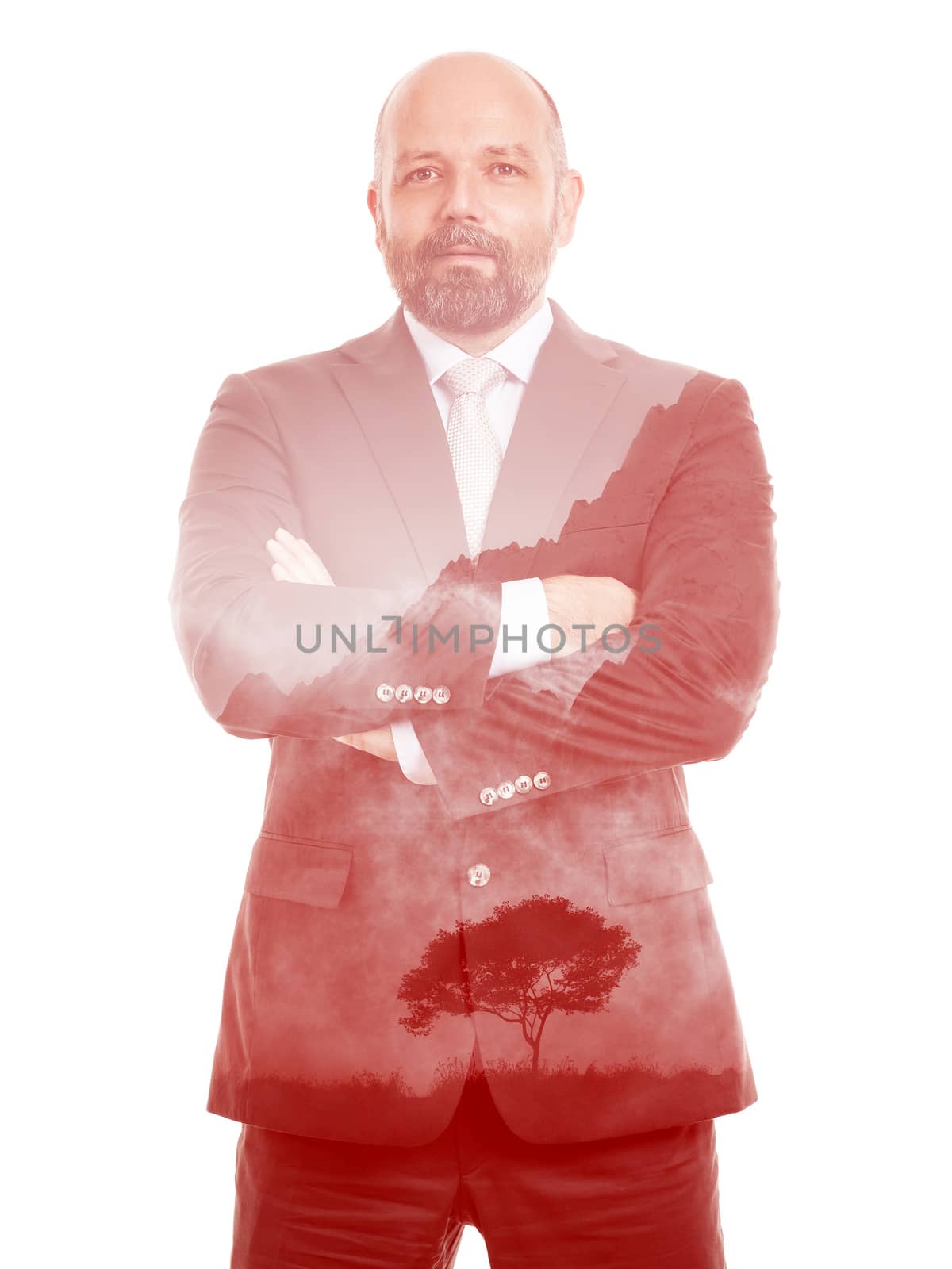 business man double exposure red tree by magann