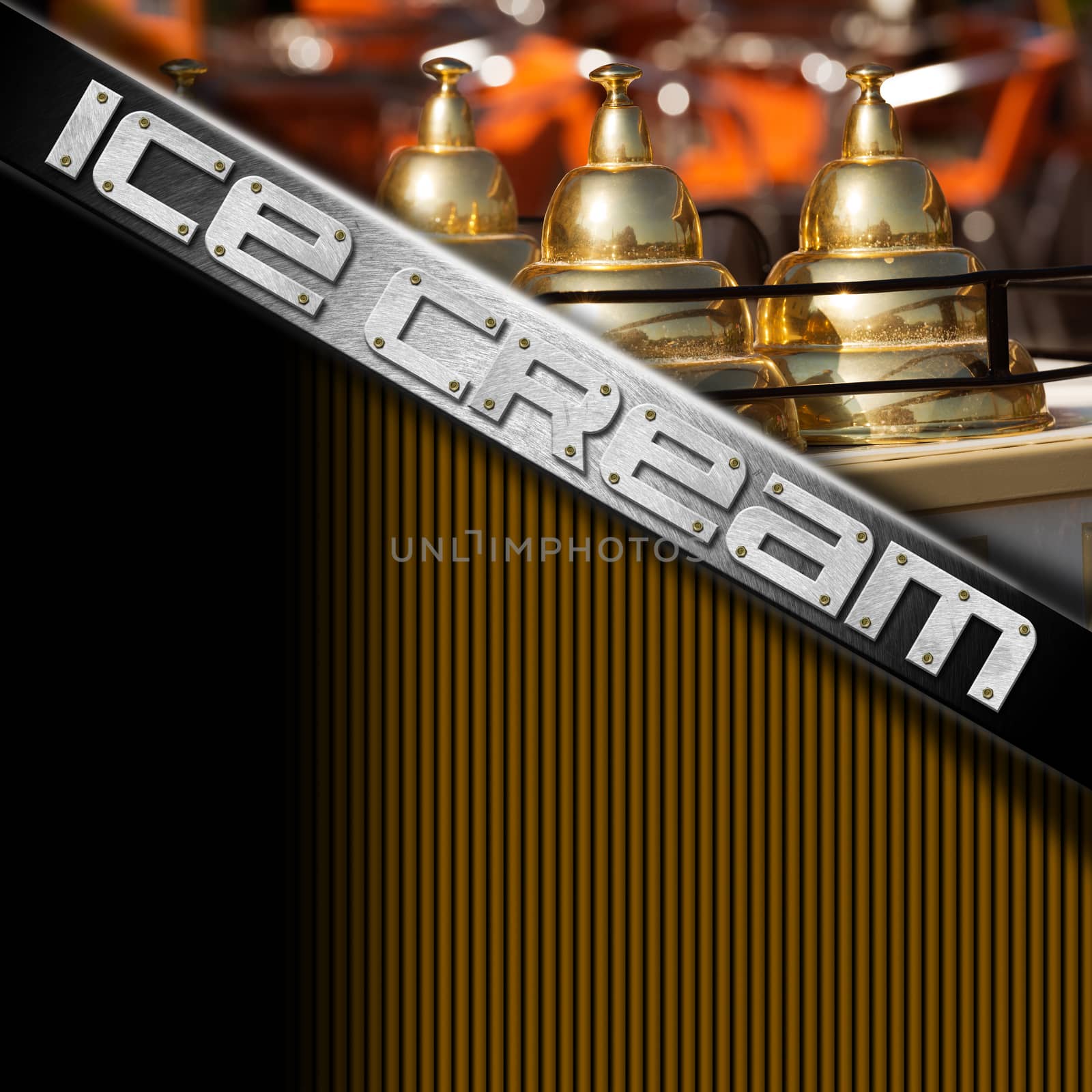 Black, orange and metal background with detail of an ice cream cart. Template for a ice cream menu
