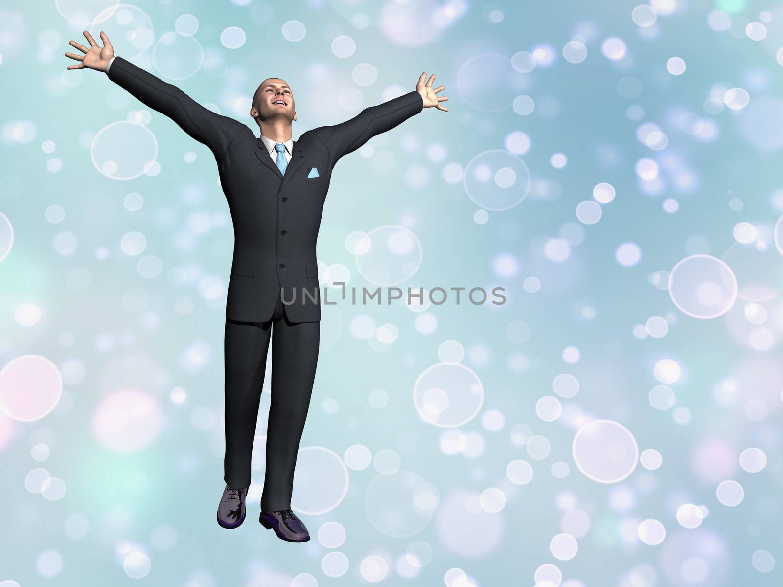 Happy businessman holding hands up in blue bokeh background - 3D render