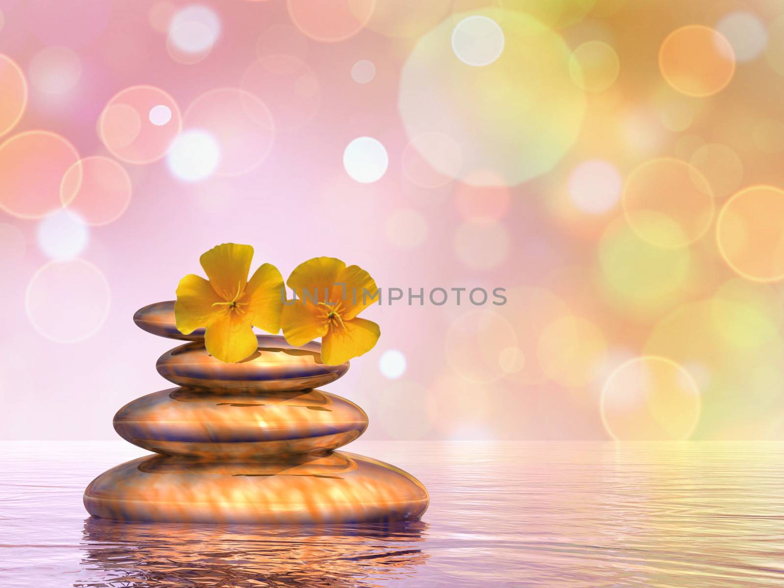 Peaceful pebbles in balance with two flowers in orange bokeh background - 3D render