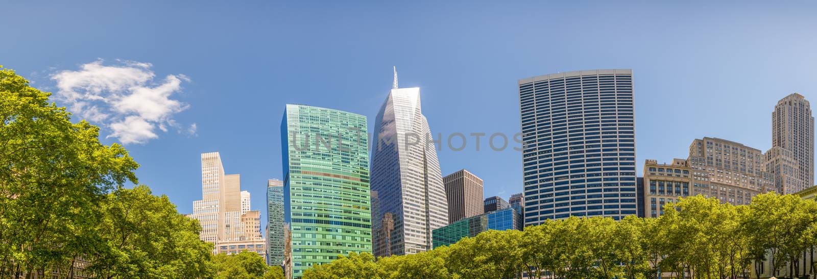 Modern skyscrapers surrounded by park trees under a beautiful blue sky.