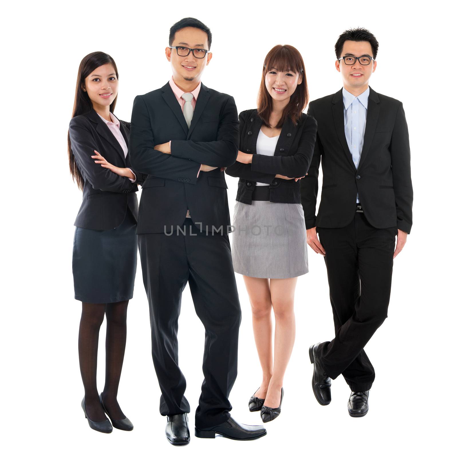 Portraits of Asian Multi Ethnic Cheerful Business People Standing Isolated on White Background.