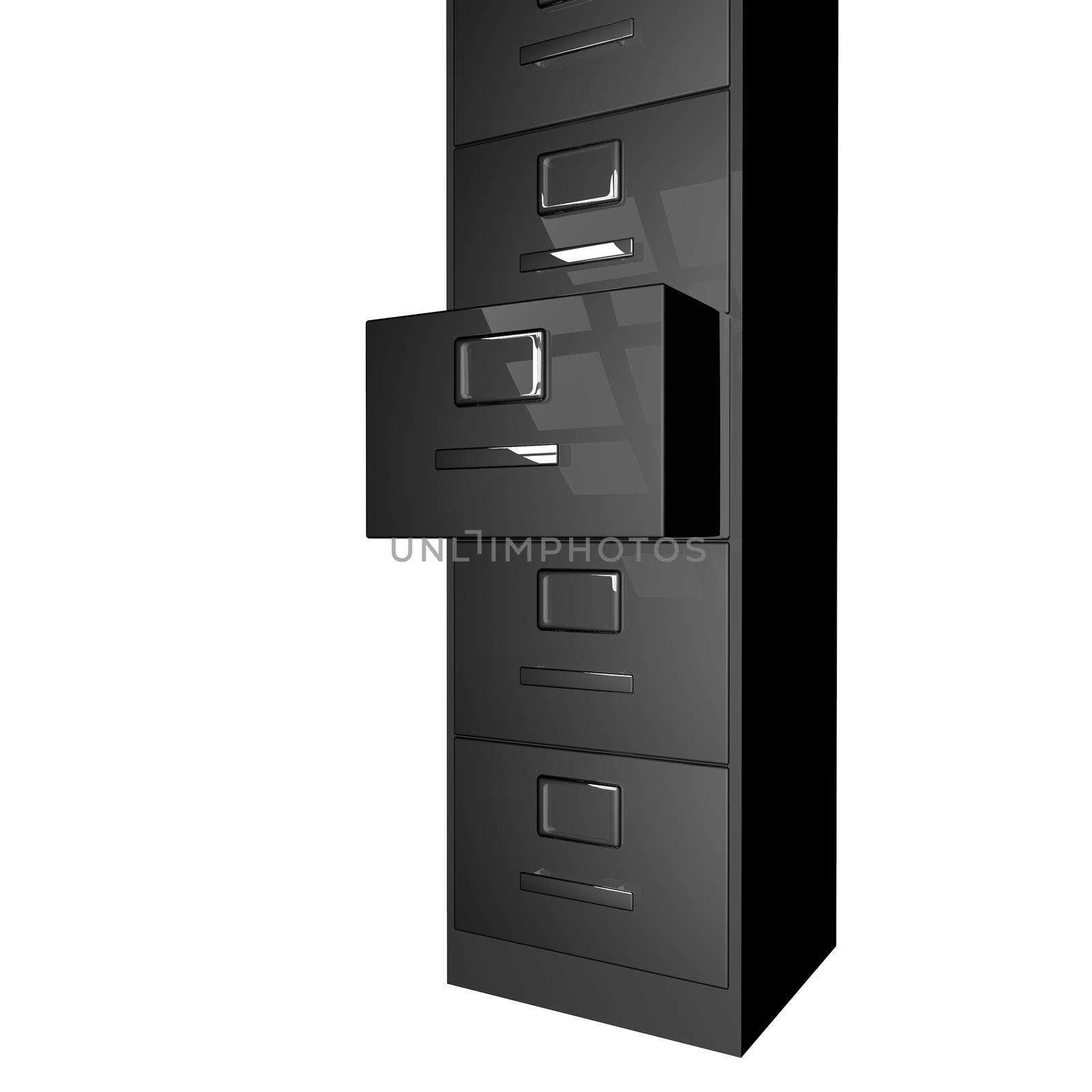 Black archive with open drawer, isolated over white, 3d render