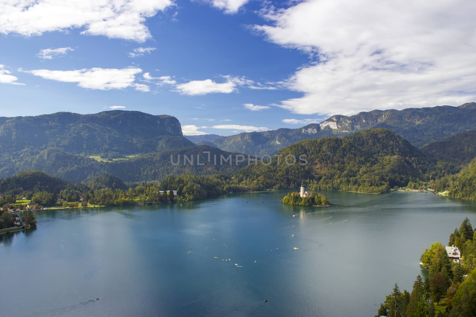 Panoramic view of Bled Lake, Slovenia, Europe 