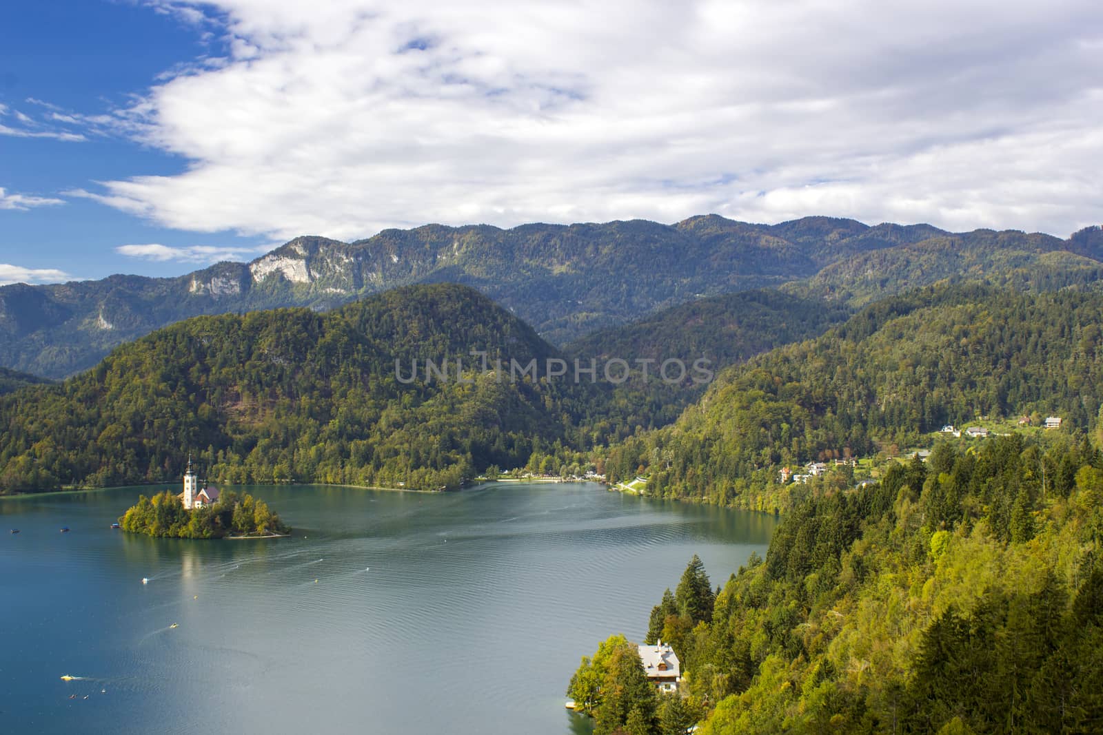 Panoramic view of Bled Lake, Slovenia, Europe