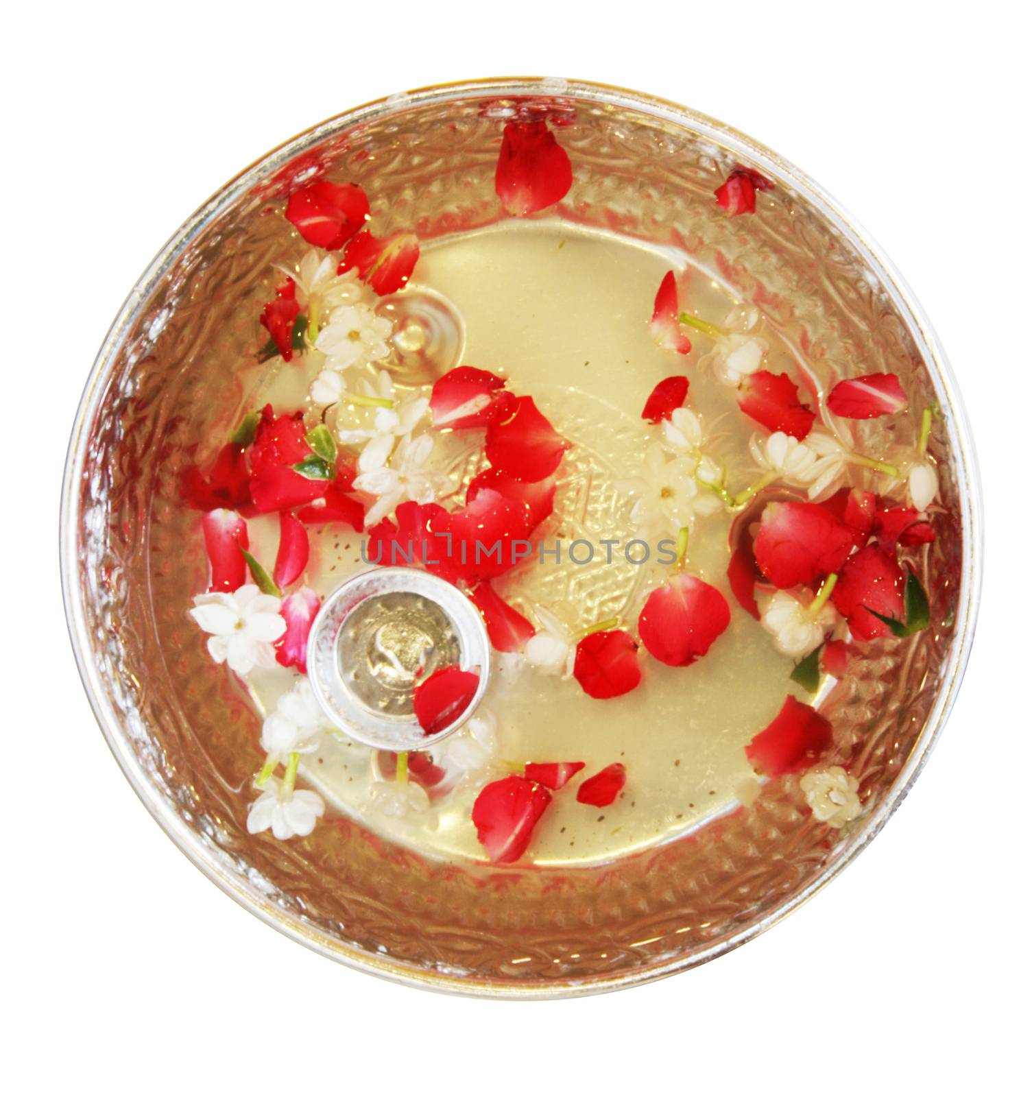 Thai Traditional to make a special aroma water for good smell,good emotion,decorating and show the respect to our parrent with tradition.Use rose,jasmin,water on the silver bowl.This short is took in top view and isolate white background.