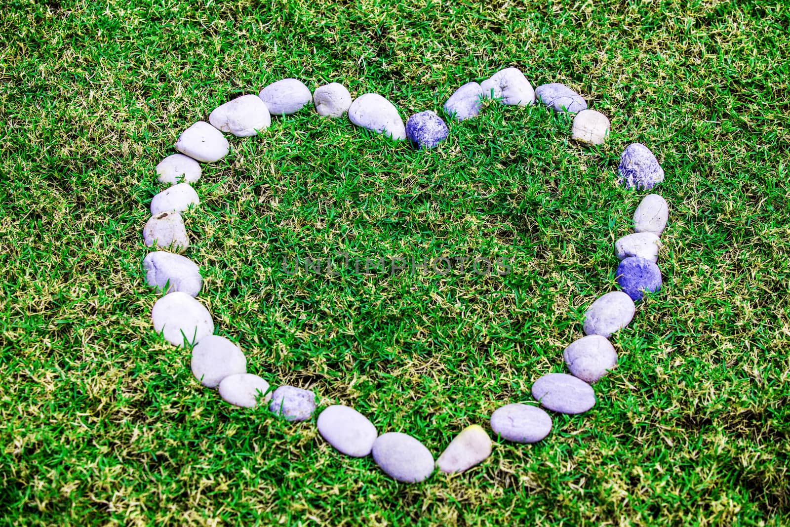 arranging white stone on the green grass in heart concept