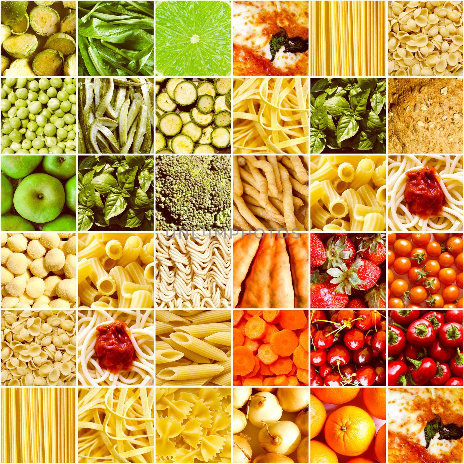 Vintage looking Food collage including pictures of vegetables, fruit, pasta and more