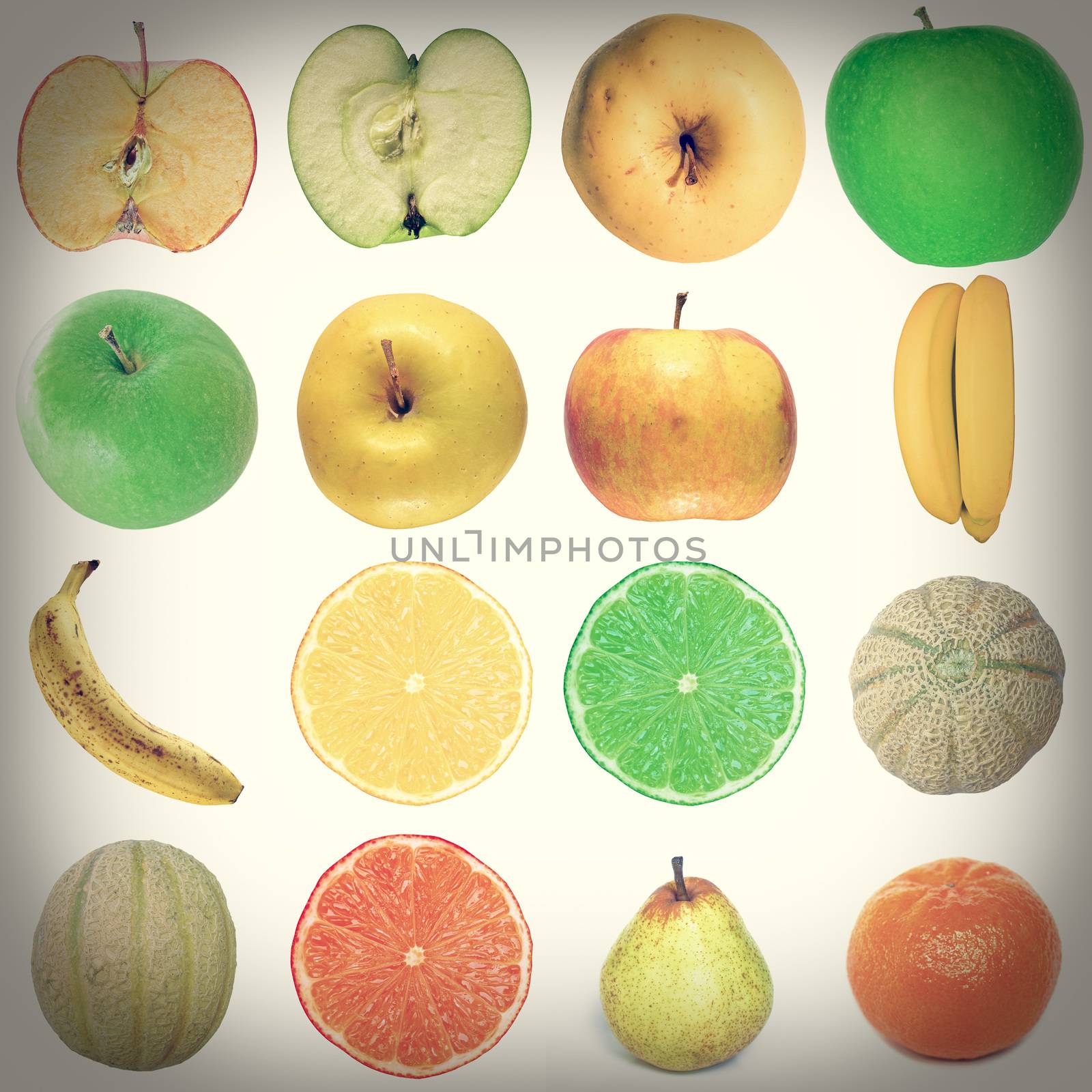 Vintage looking Food collage set of many vegetarian items isolated over white