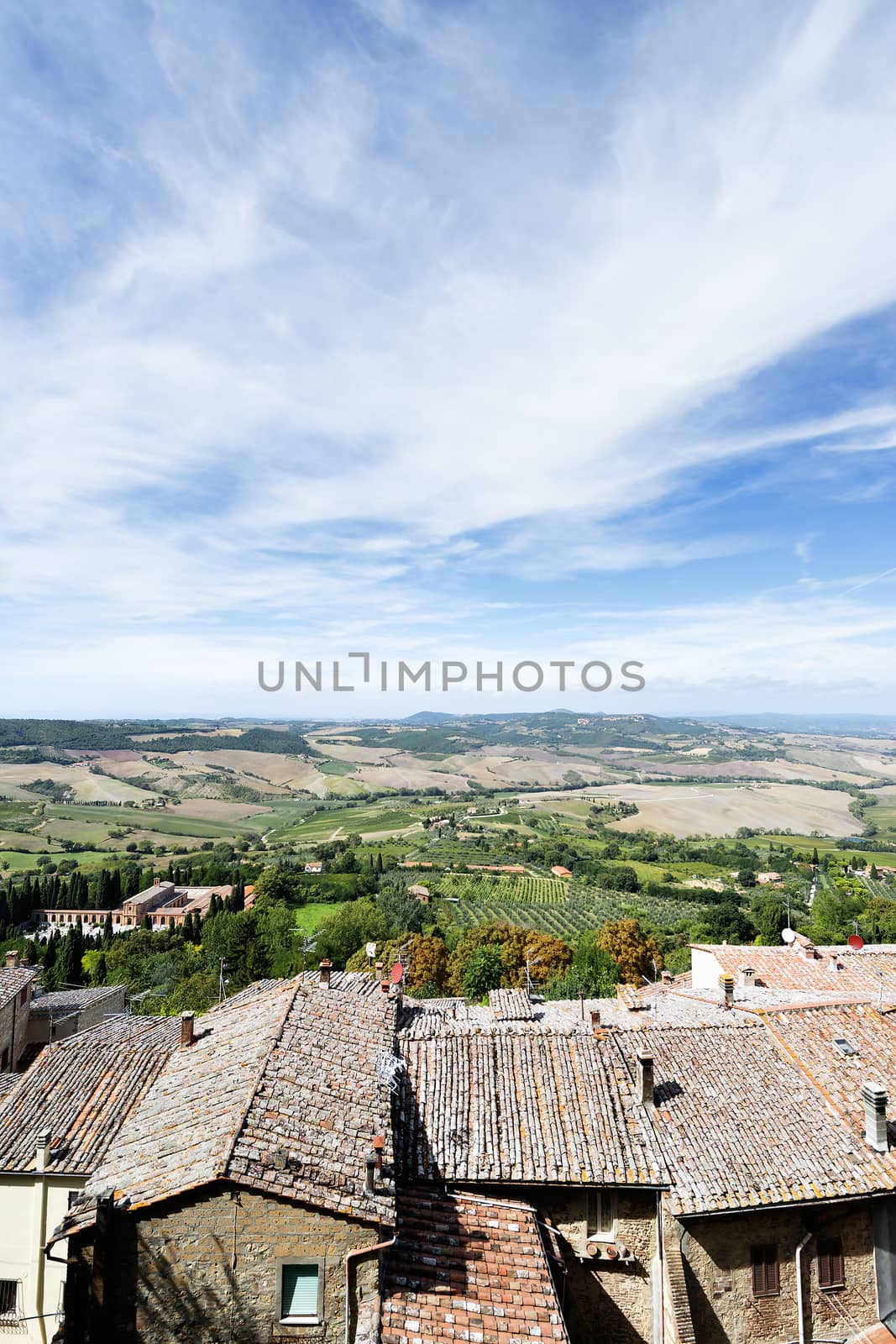 View from Montepulciano Tuscany, Italy, to lanscape with blue sky in summer