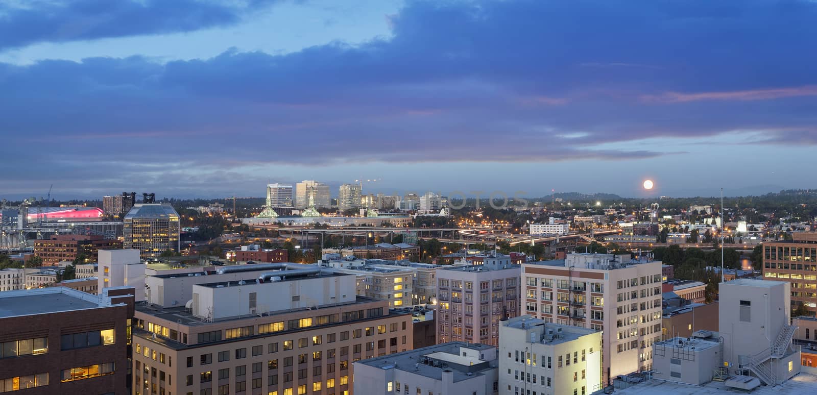 Moonrise over Portland Oregon Horizon Cityscape during Evening Blue Hour Panorama