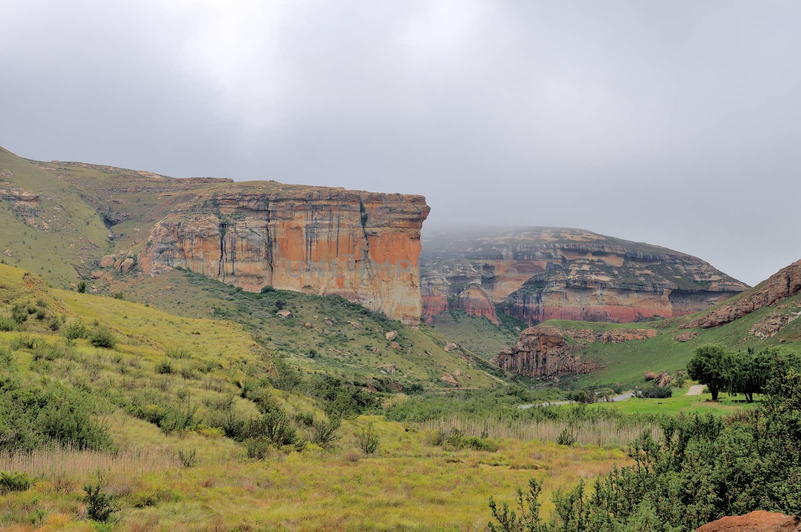 Red, orange and yellow sandstone cliffs in the Golden Gate Highlands National Park, South Africa
