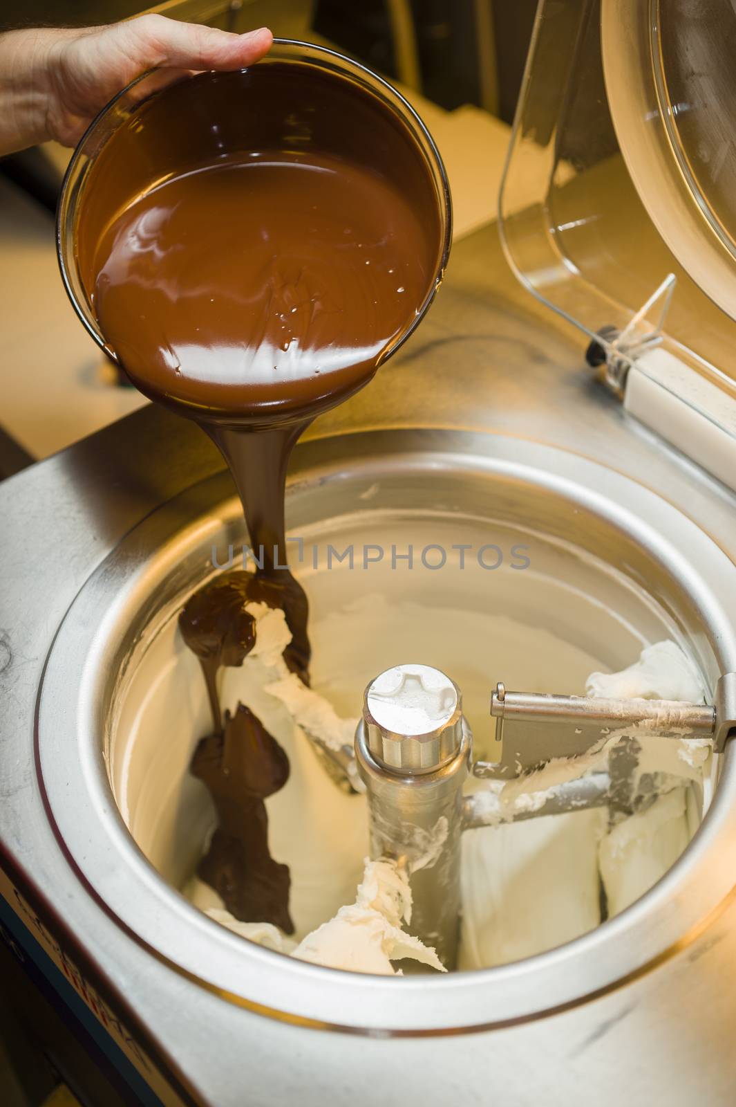 Ice cream preparation with different tools, ingredients, and machines