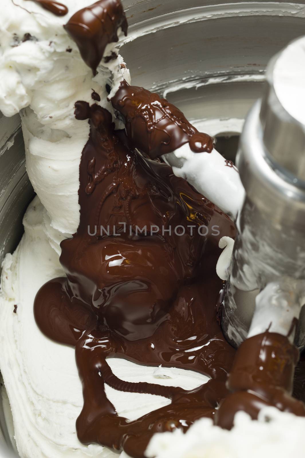Ice cream preparation with different tools, ingredients, and machines