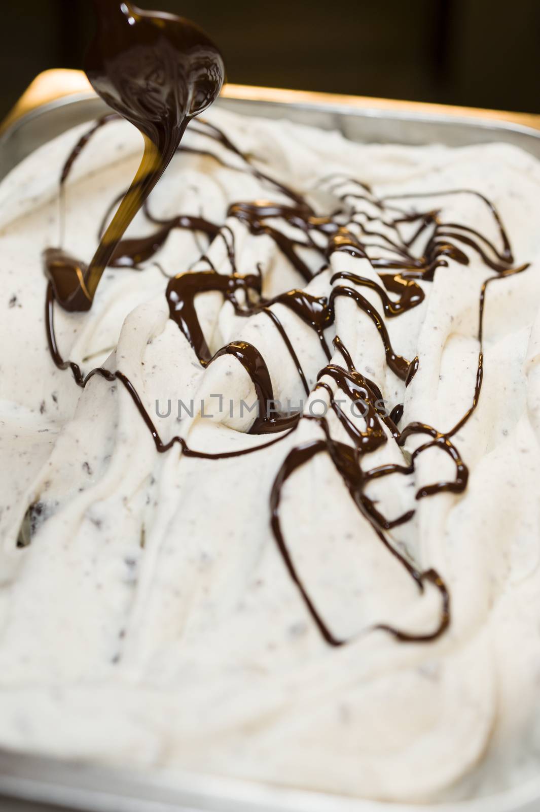 Ice cream preparation with different tools, ingredients, and machines