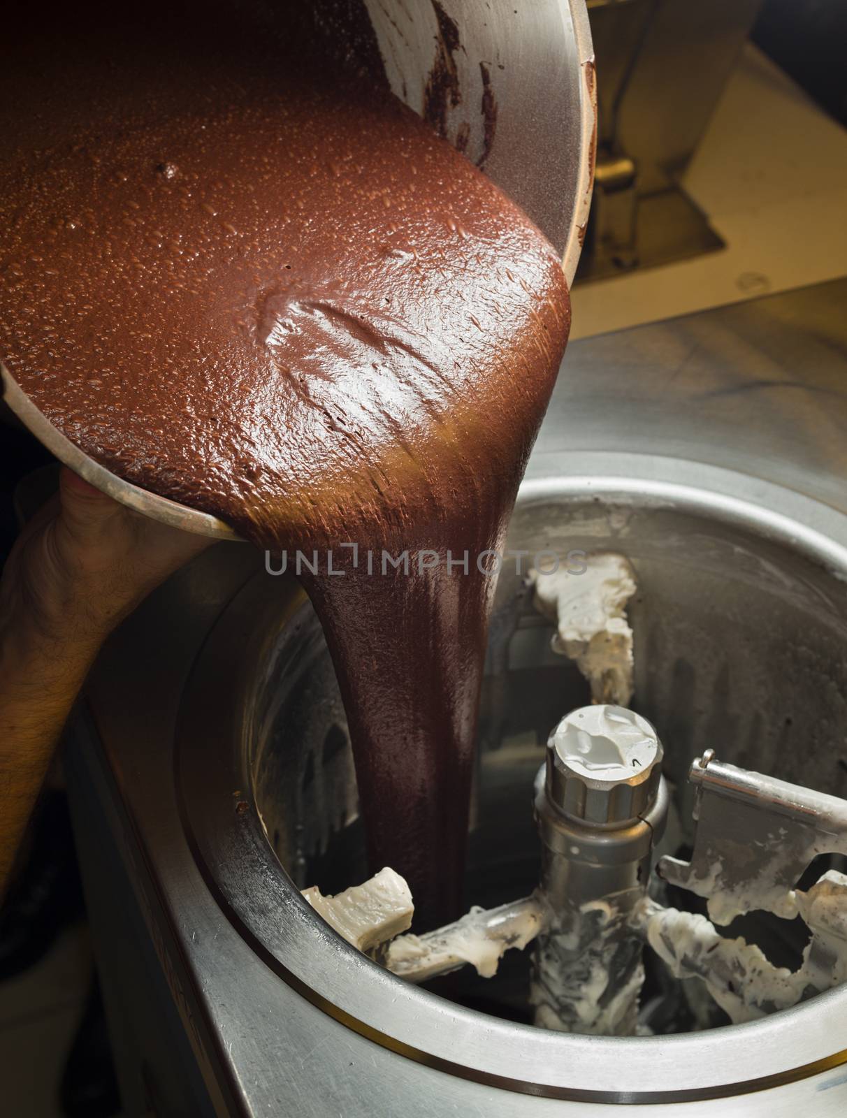 Ice cream preparation with different tools, ingredients, and machines