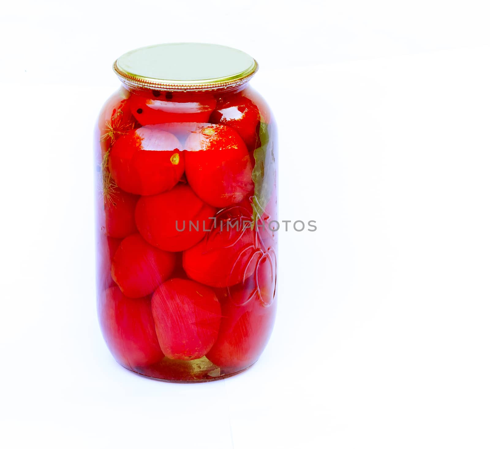 Canned tomatoes in a large glass jar on white background by georgina198