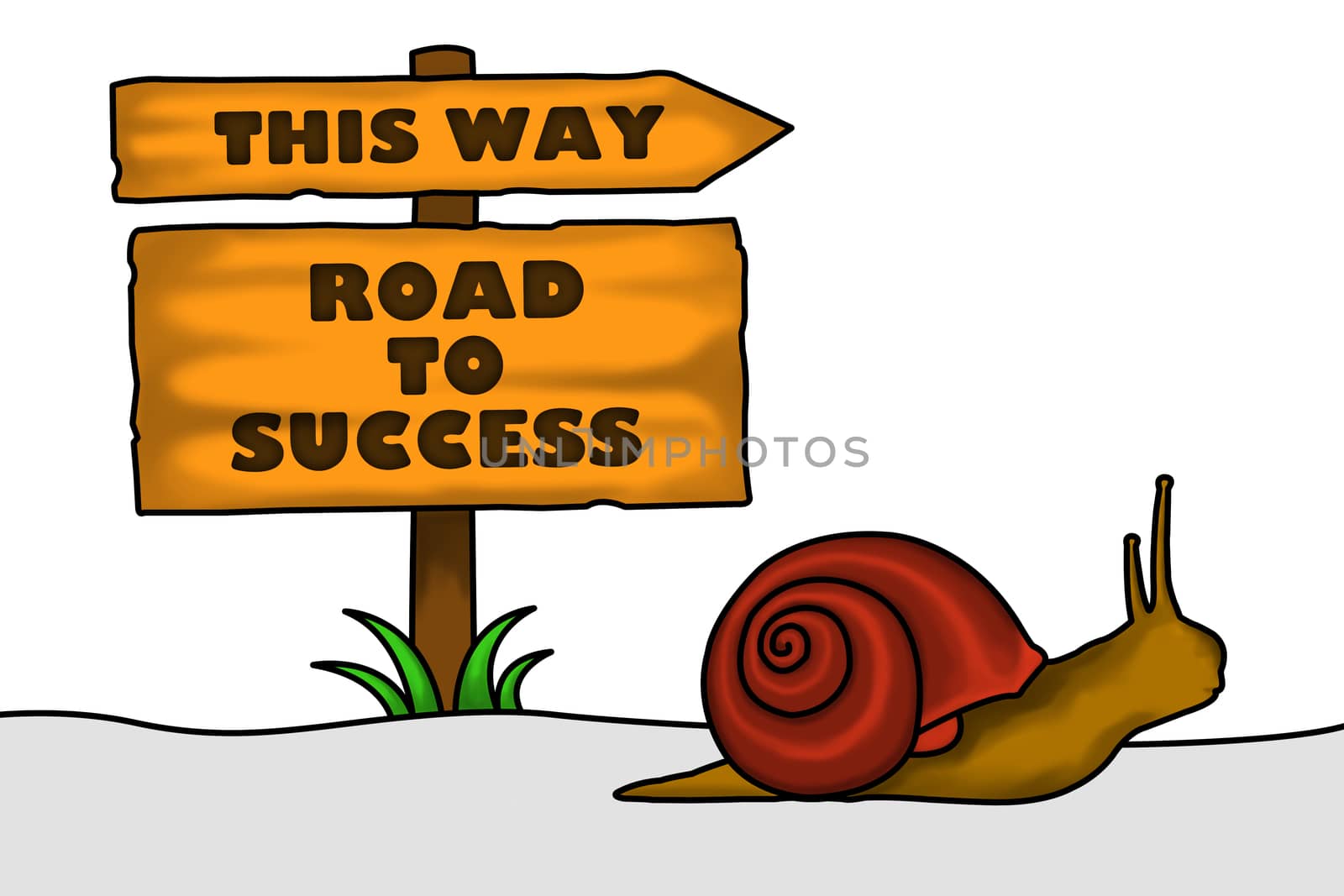 An illustration of a snail crawling heading towards success. A conceptual illustration about positive thinking of life despite of difficulties, to be diligent and persistent to reach your goal. To have a strong determination and perseverance to be successful.