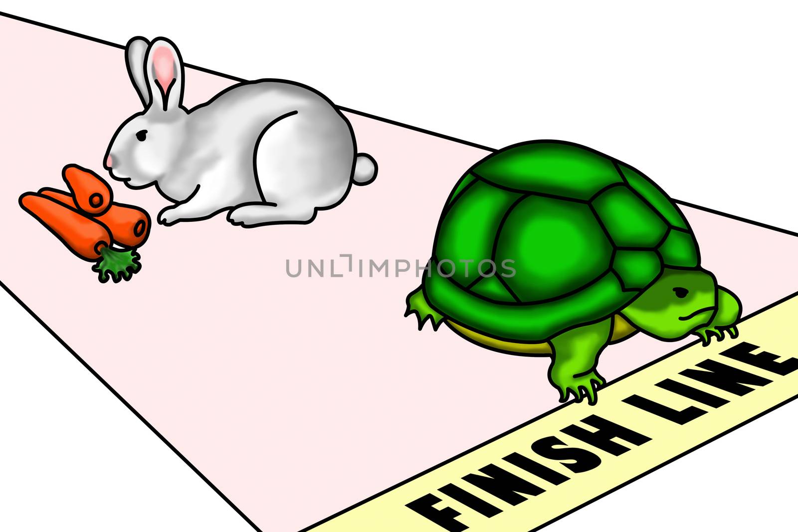 An illustration of a race between a rabbit and a turtle. Despite of being slow, the turtle win the race because the rabbit was distracted and stopped for sometime to eat some carrots in the way. A concept about concentration and focus on your goal to win in life. 