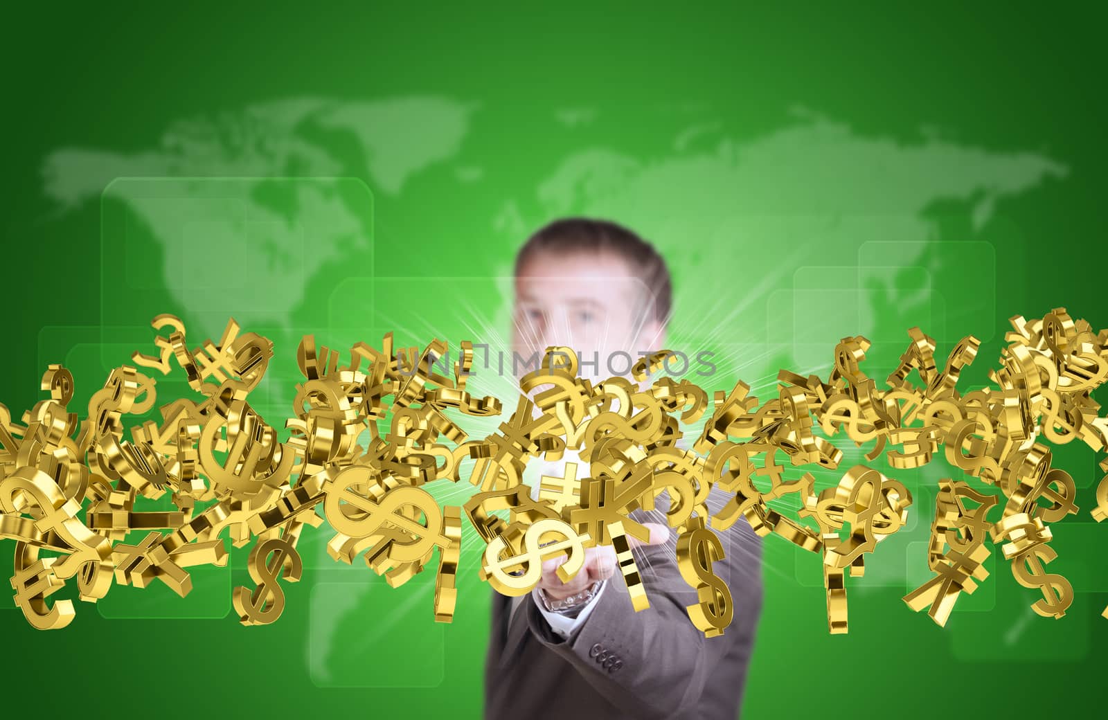Businessman in suit hold flow of golden currency sign. World map and rectangles on background