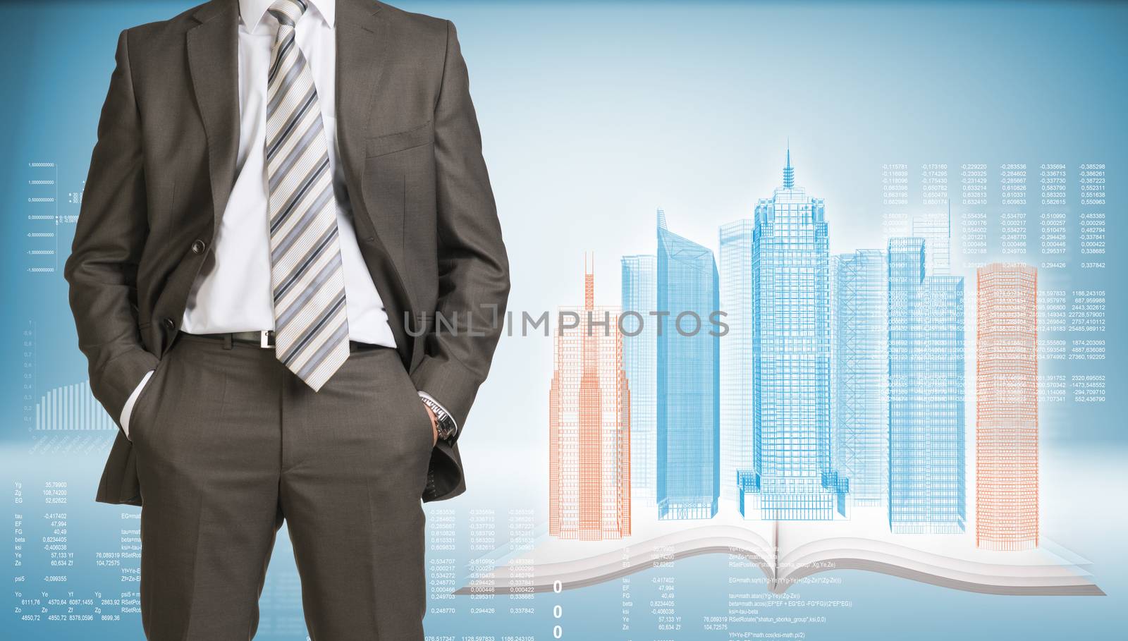 Businessman in suit standing and holds hands in pockets. Glowing wire-frame buildings on open book as backdrop