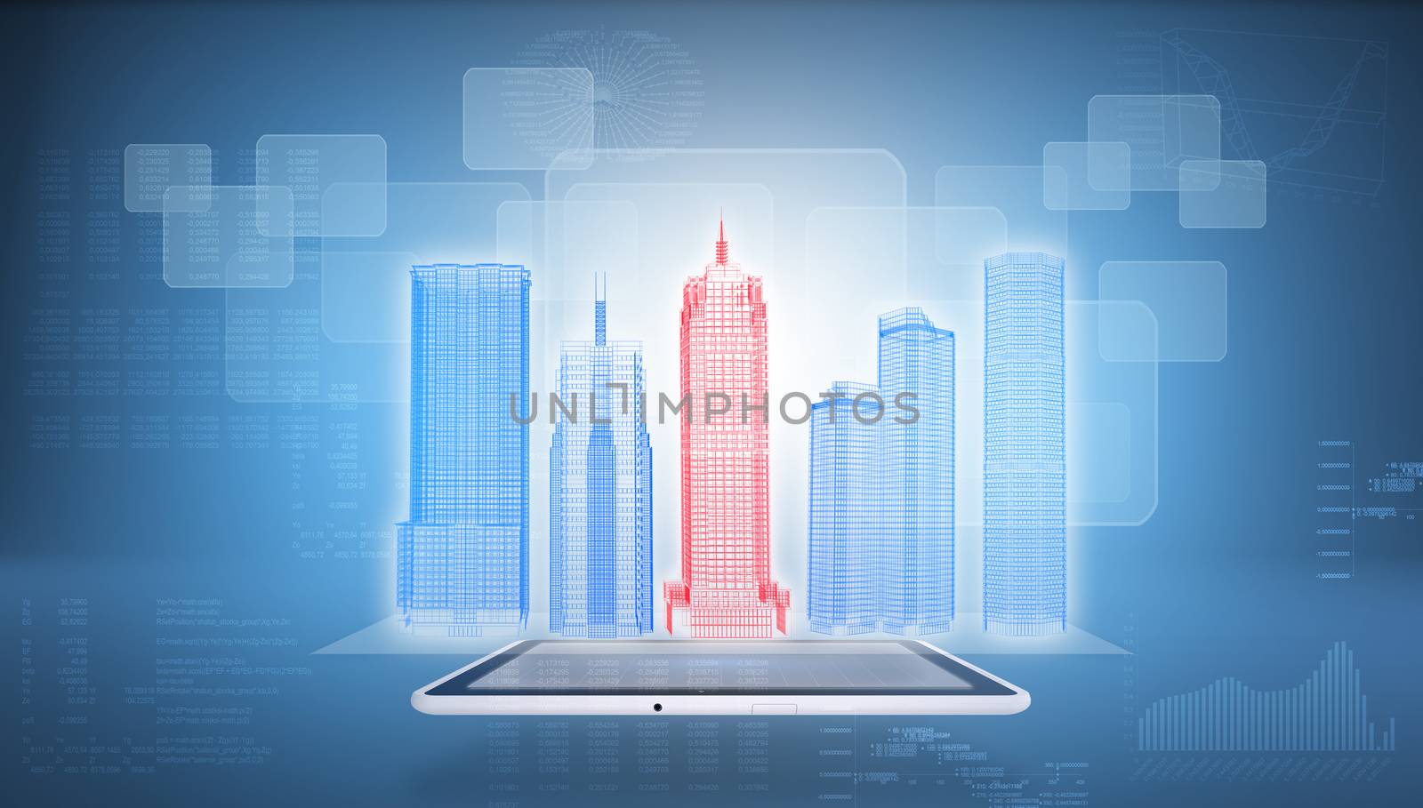 Glowing wire-frame buildings on screen tablet pc. Graphs and text rows as backdrop