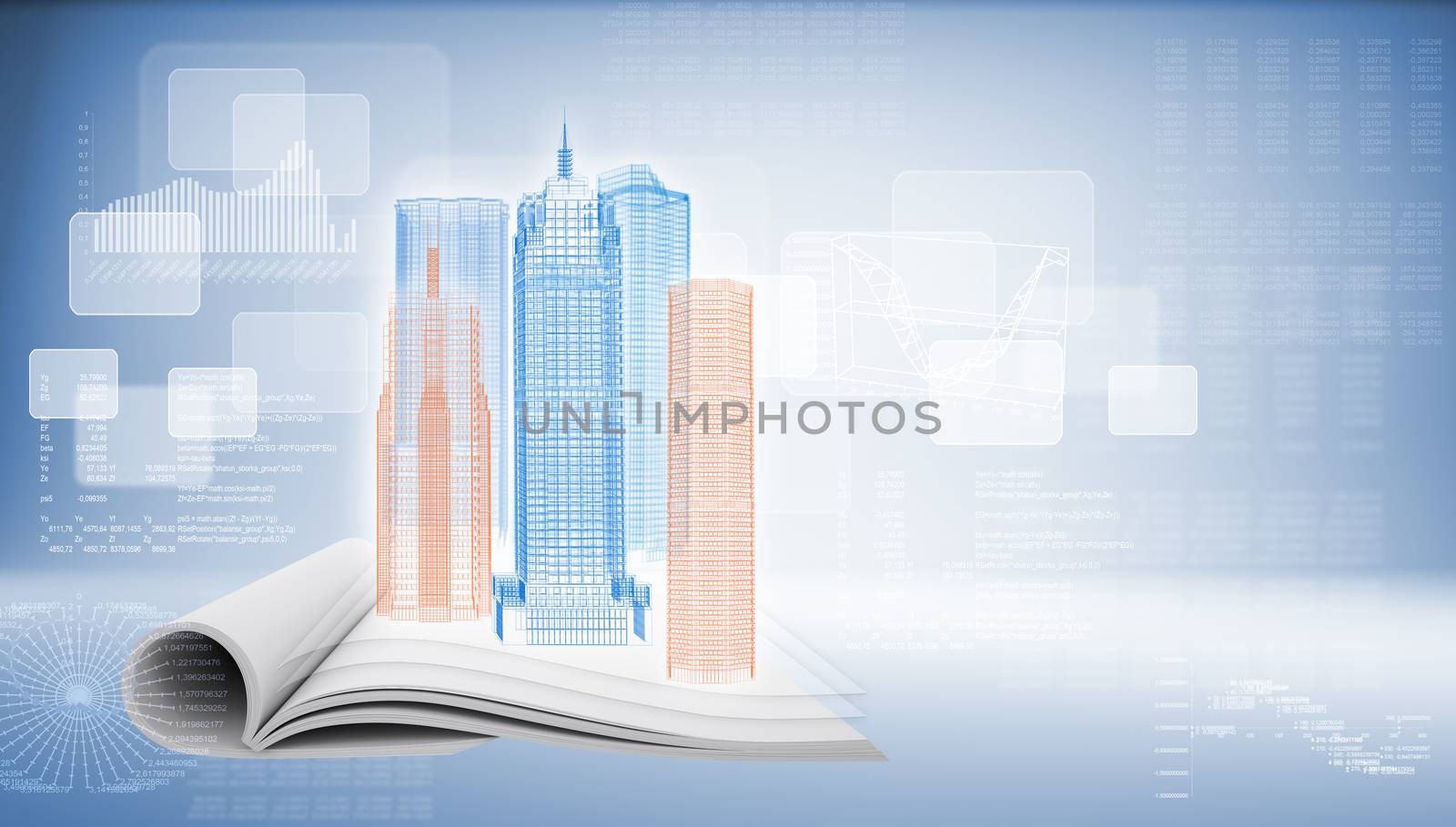 Glowing wire-frame buildings on open empty book by cherezoff