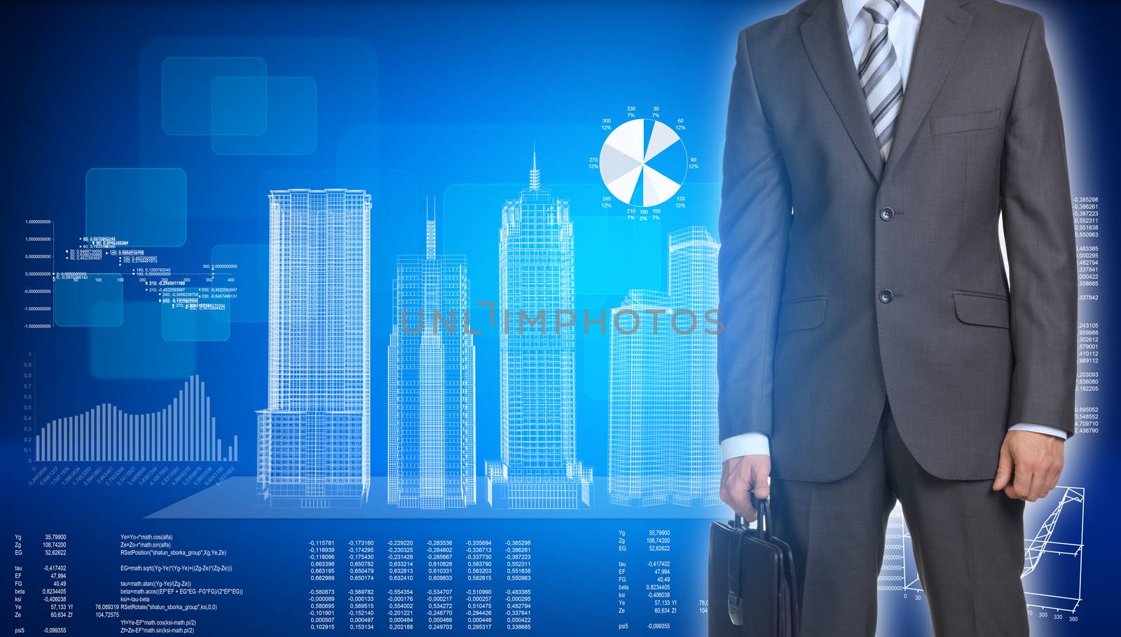 Businessman in suit stands and holds suitcase. Glowing wire-frame buildings on transparent plane as backdrop